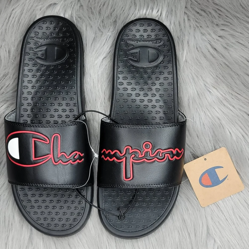 Champion Super Slide Split Script Logo Black Red Sandals